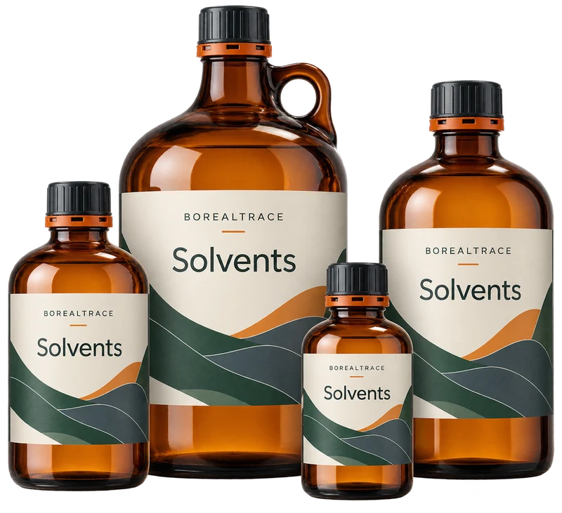 Large amber solvent bottles with safety caps concept with fictional BOREALTRACE branding.