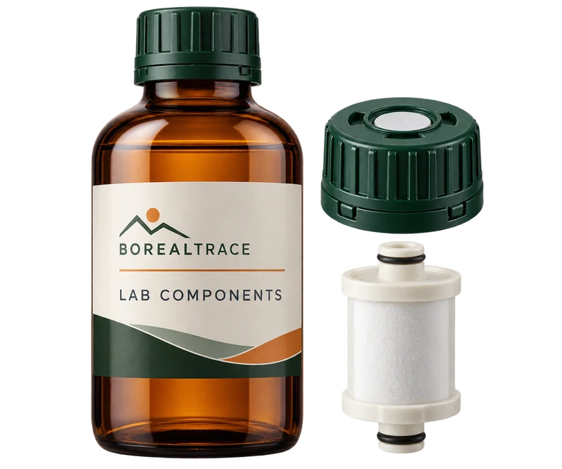 Sealed amber reagent bottle with a separate safety closure and filter cartridge concept with fictional BOREALTRACE branding.
