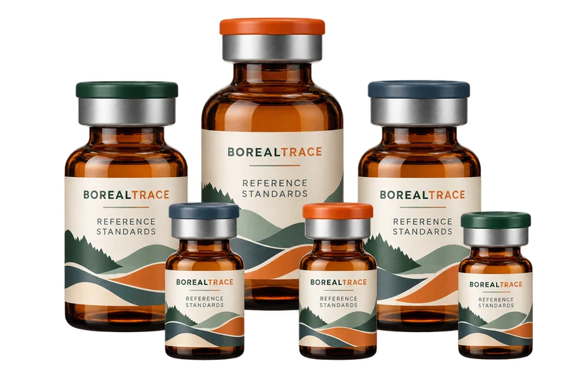 A set of labelled sealed reference-standard vials concept with fictional BOREALTRACE branding.