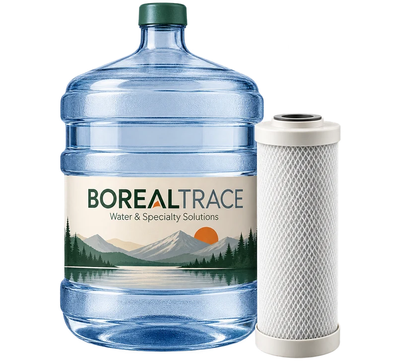 A purified-water carboy and filter cartridge concept with fictional BOREALTRACE branding.