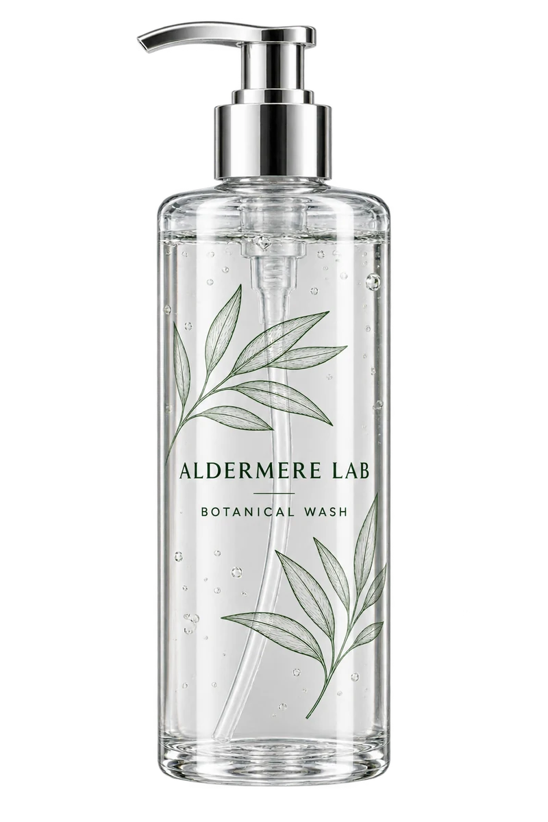 Clear-on-clear label concept with fictional ALDERMERE LAB branding.