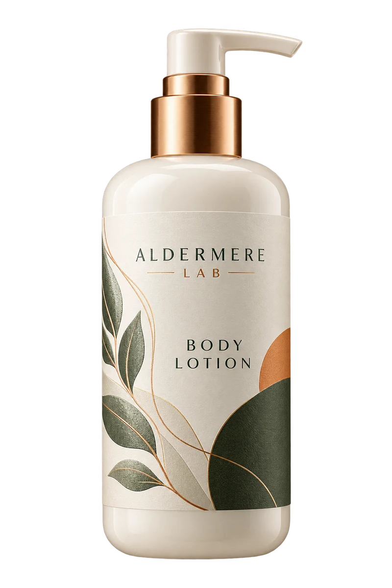 Gold foil and velvet UV · PE white concept with fictional ALDERMERE LAB branding.