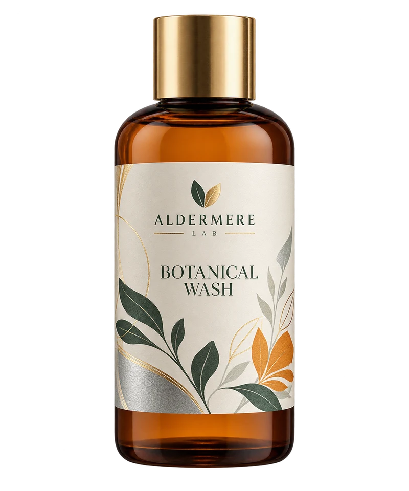 Silver and gold foil · PE white concept with fictional ALDERMERE LAB branding.