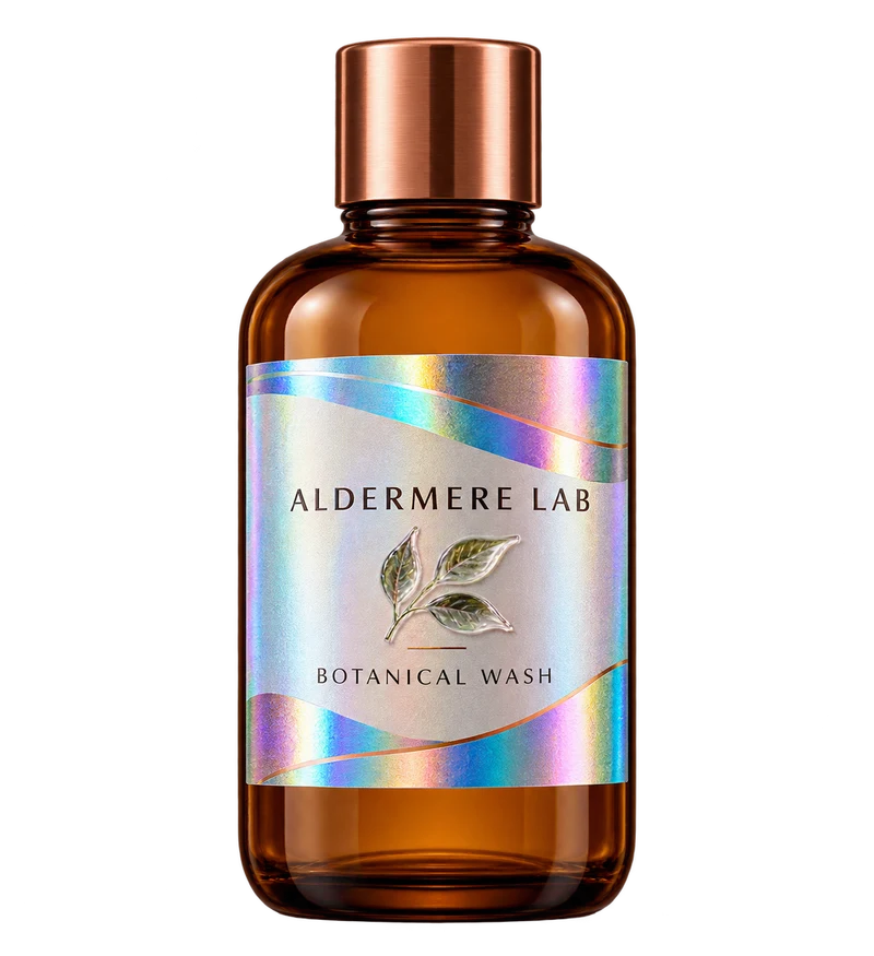 Holographic cold foil and raised varnish concept with fictional ALDERMERE LAB branding.