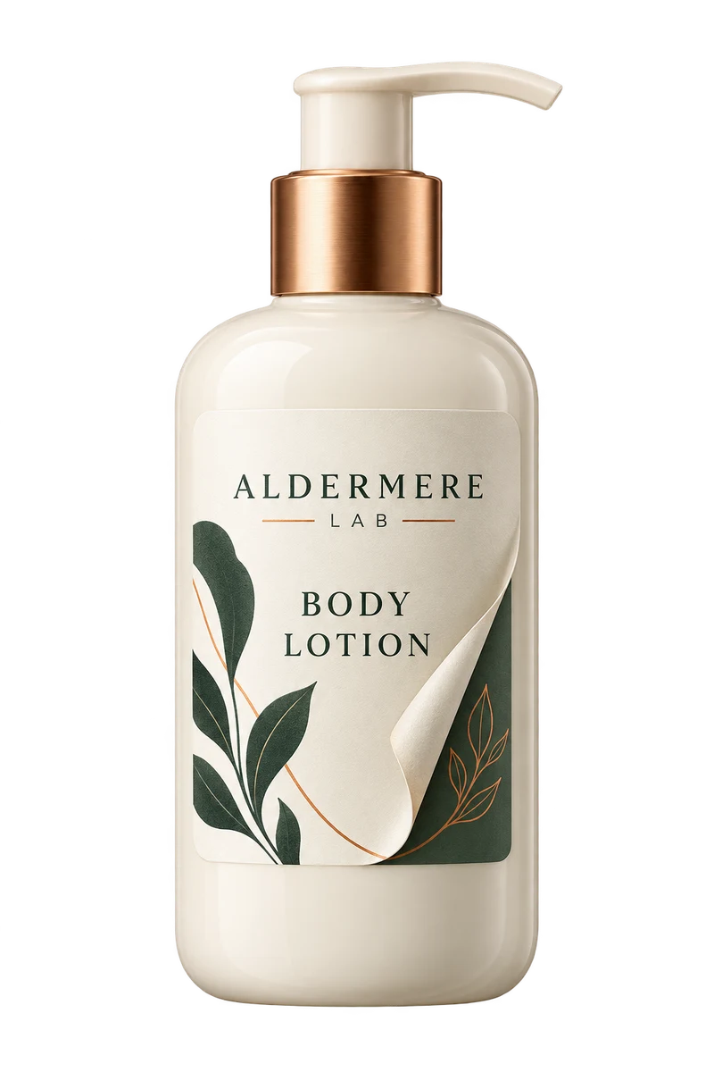 Multi-layer peel-and-reveal label concept with fictional ALDERMERE LAB branding.