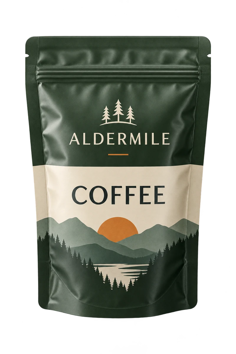 Stand-up zipper pouch concept with fictional ALDERMILE branding.