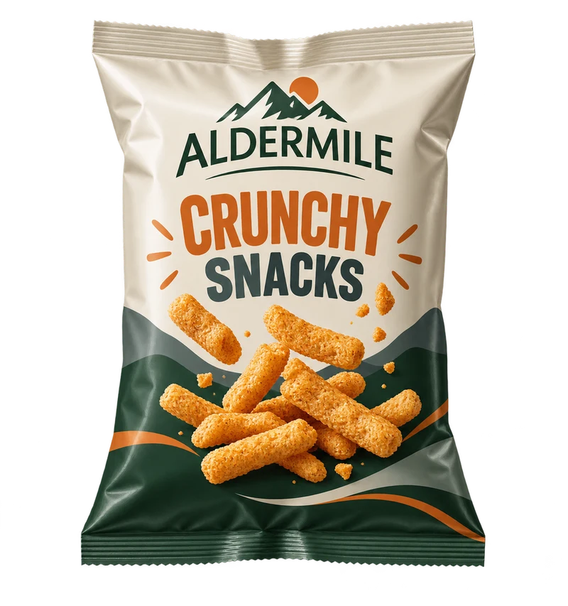Centre-seal pouch concept with fictional ALDERMILE branding.