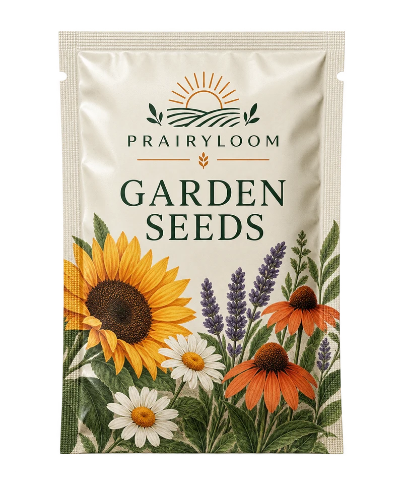 Three-side seal pouch concept with fictional PRAIRYLOOM branding.