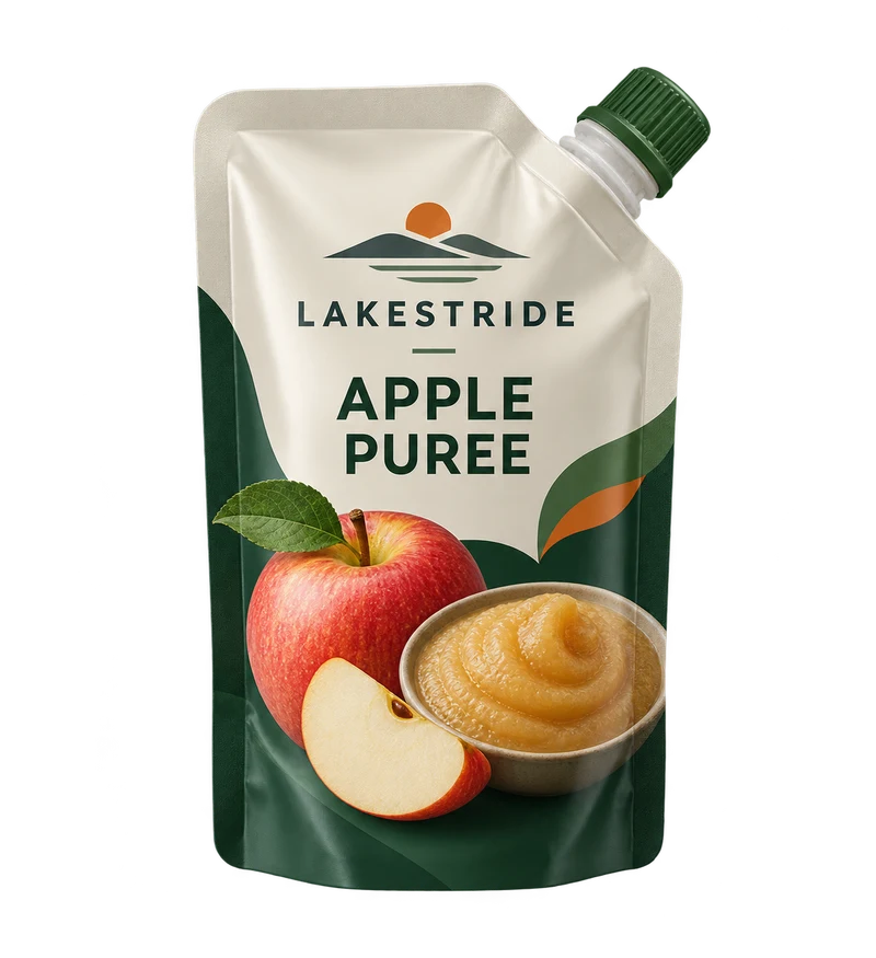 Spout pouch concept with fictional LAKESTRIDE branding.