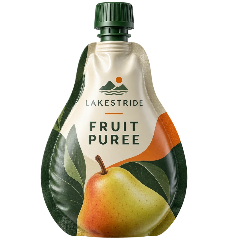 Custom-shape pouch concept with fictional LAKESTRIDE branding.