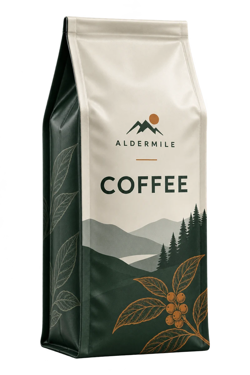 Quad-seal pouch concept with fictional ALDERMILE branding.