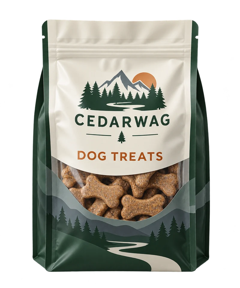 Centre quad-seal pouch concept with fictional CEDARWAG branding.