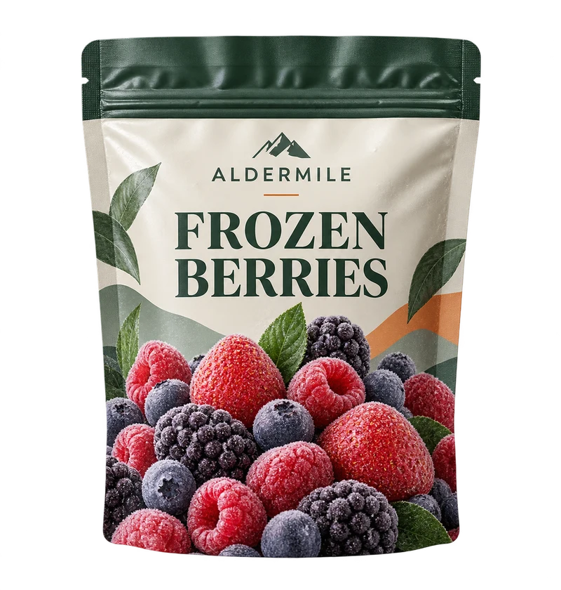 Freezer-grade pouch concept with fictional ALDERMILE branding.