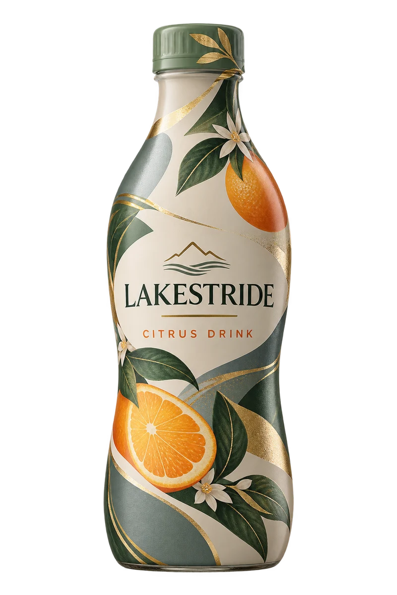 Gold lacquer, silver foil and matte UV concept with fictional LAKESTRIDE branding.