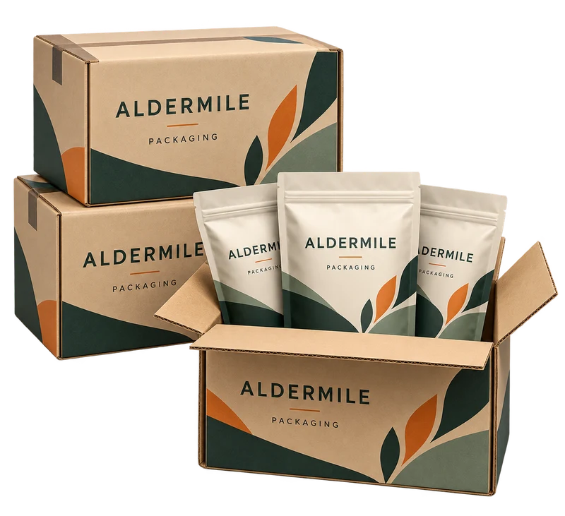 Shipping carton stack with labelled pouches inside one open case concept with fictional ALDERMILE branding.