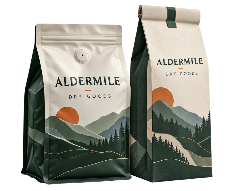A coffee valve pouch beside a tall side-gusset tea bag concept with fictional ALDERMILE branding.