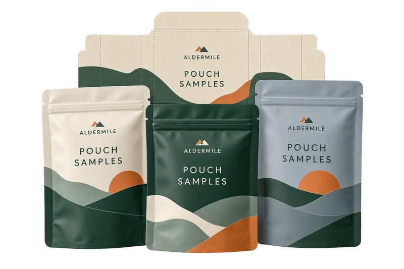 A dieline-and-sample set of three flat pouches concept with fictional ALDERMILE branding.