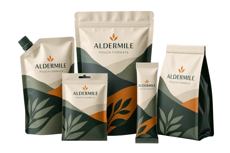 A catalogue-style fan of five distinct pouch formats concept with fictional ALDERMILE branding.