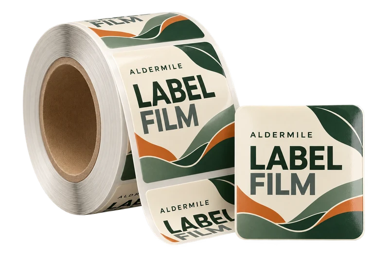 A roll of printed label film and one finished adhesive label concept with fictional ALDERMILE branding.