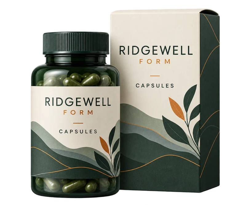A sealed hard-capsule supplement bottle with a matching slim carton concept with fictional RIDGEWELL FORM branding.