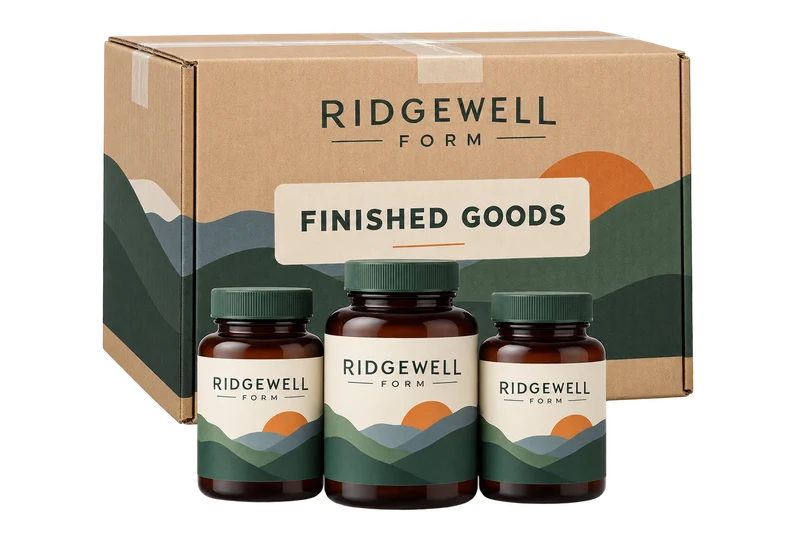 A sealed finished-goods shipping carton containing coordinated supplement bottles concept with fictional RIDGEWELL FORM branding.