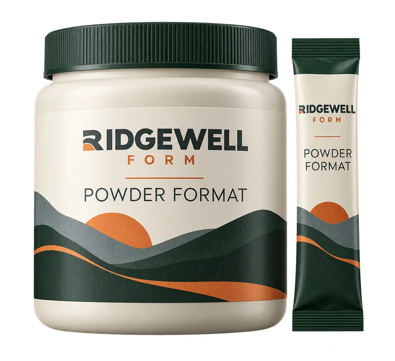 A sealed wide-mouth sport powder tub with a narrow matching sachet concept with fictional RIDGEWELL FORM branding.