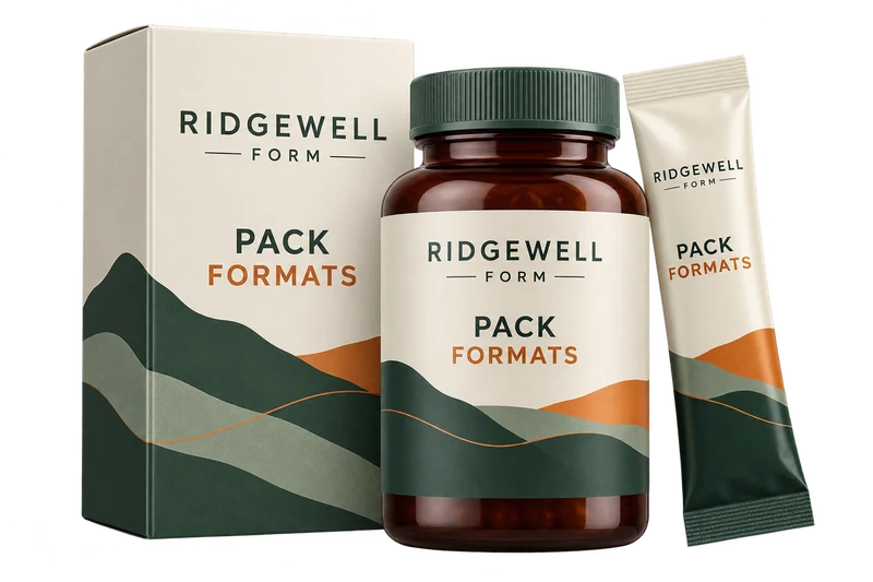 One supplement bottle shown beside its stick sachet and carton concept with fictional RIDGEWELL FORM branding.