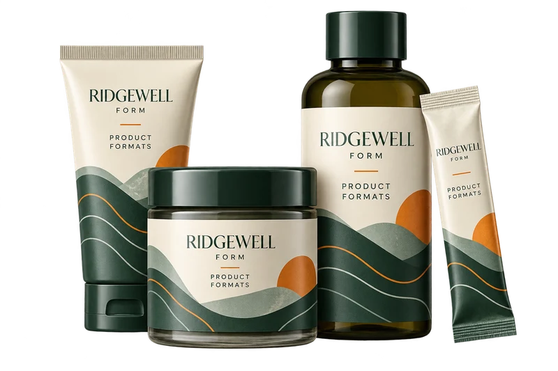 A compact multipack of a tube, jar, bottle and stick sachet concept with fictional RIDGEWELL FORM branding.