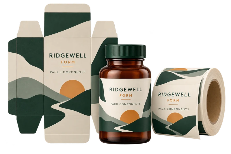 A flat carton blank beside a sealed bottle and printed label roll concept with fictional RIDGEWELL FORM branding.
