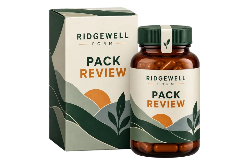 A sealed supplement bottle with a matching folded carton and tamper band concept with fictional RIDGEWELL FORM branding.