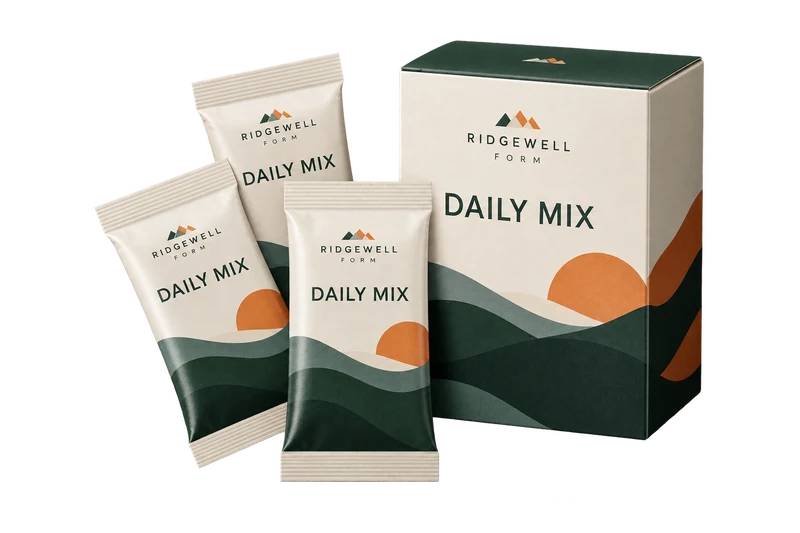 Three sealed individual flat supplement sachets and small original branded carton, with fictional RIDGEWELL FORM branding.