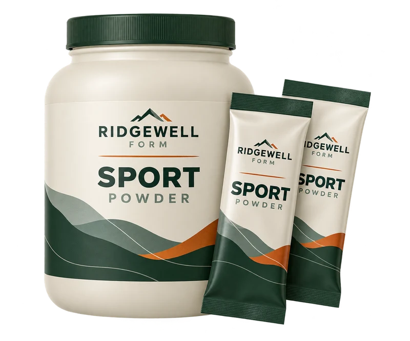 One large ivory sports nutrition powder tub and two sealed sachets, with fictional RIDGEWELL FORM branding.