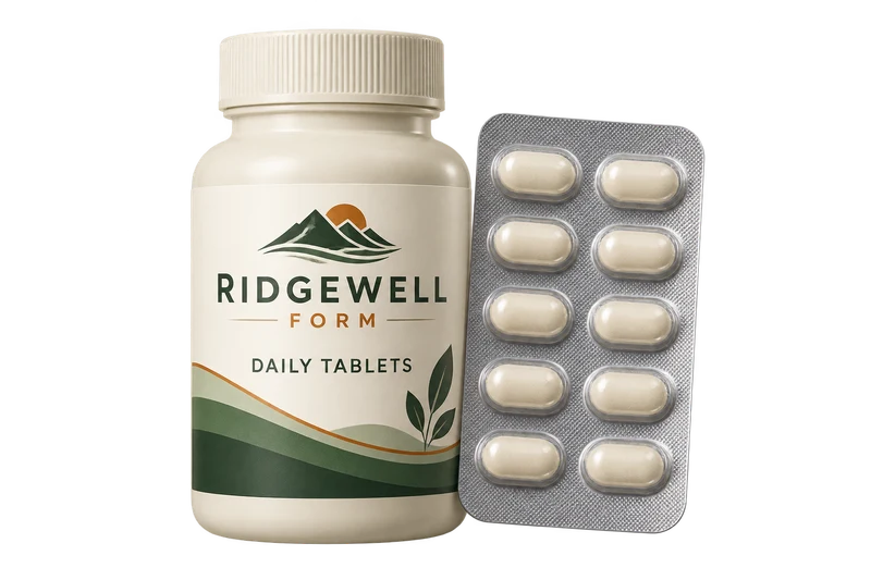 One opaque ivory tablet bottle and a sealed tablet blister strip, with fictional RIDGEWELL FORM branding.