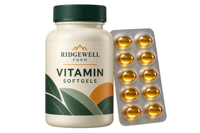 One ivory supplement bottle and a sealed clear blister strip of golden softgels, with fictional RIDGEWELL FORM branding.
