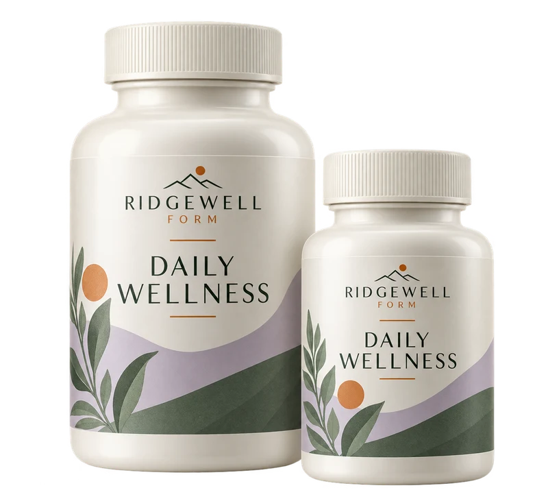 Two sealed ivory supplement bottles in different sizes with muted lavender and sage labels, with fictional RIDGEWELL FORM branding.