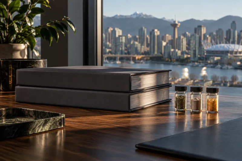 Specification binders and sealed samples on a desk beside a city-view window.