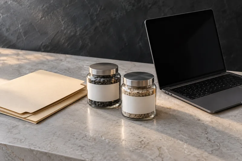 Blank folders, sample jars and a closed-screen laptop on a desk.