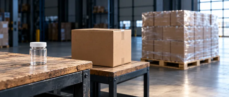 A sample vial and carton on a warehouse packing bench beside wrapped pallets.