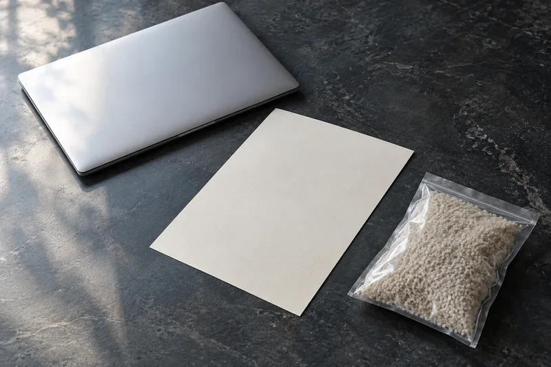 A closed laptop, blank specification sheet and sealed material sample on a desk.