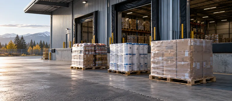 Wrapped pallets outside open warehouse bays in natural daylight.