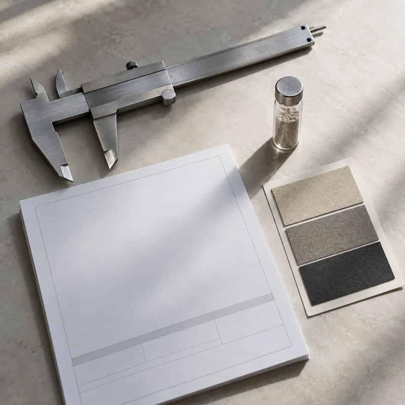 A calliper, sample vial, swatch card and specification sheets on a pale desk.