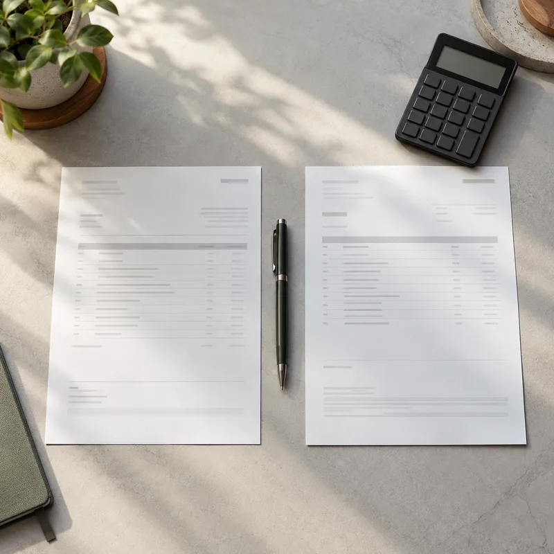 Two specification documents beside a calculator on a sunlit desk.
