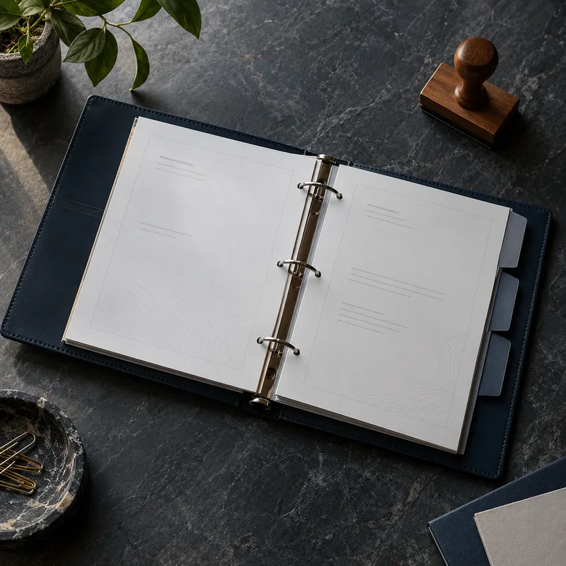 An open documentation binder and wooden stamp on a dark desk.