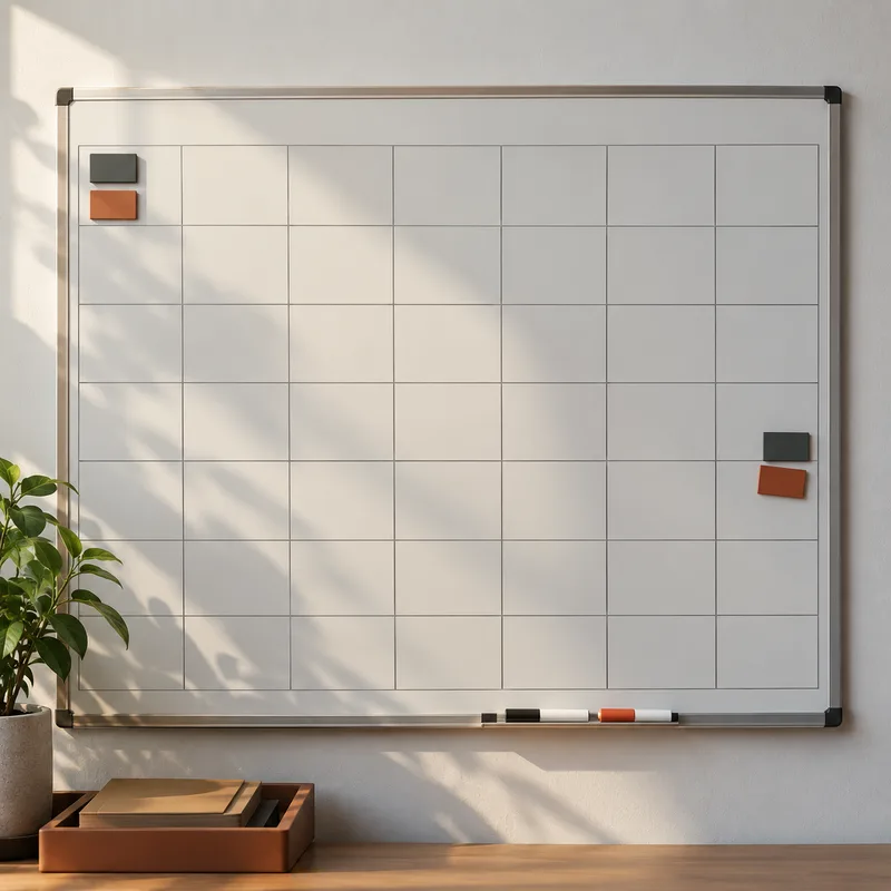 A blank wall-planner grid with coloured markers.