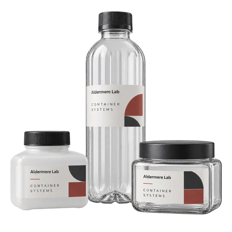 Three empty bottle and jar formats with fictional-brand labels.
