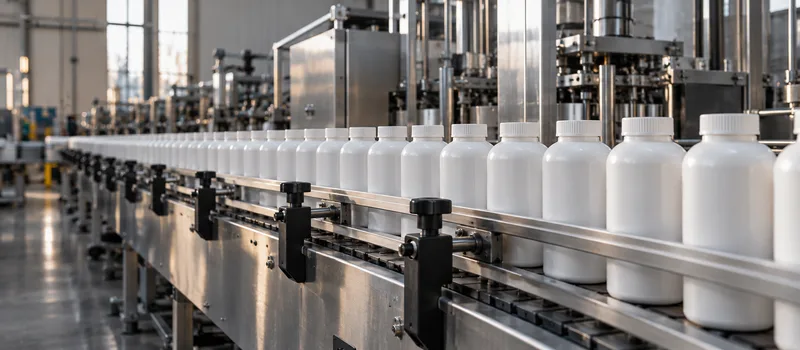 An empty automated packaging line with white bottles and stainless-steel equipment.