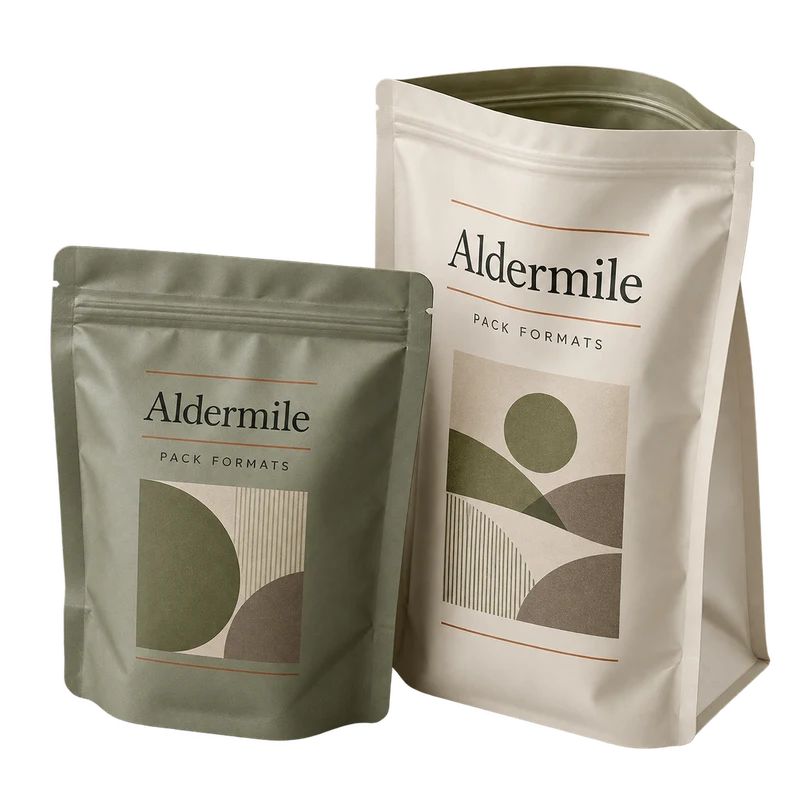 Two open flexible pouches with fictional-brand artwork.