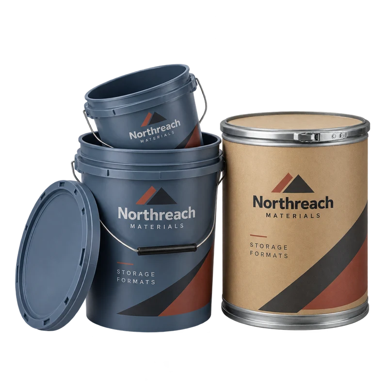 Industrial pails and a metal canister with fictional-brand labels.
