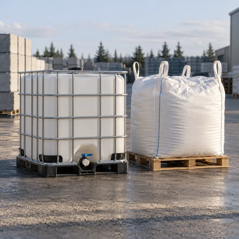 An intermediate bulk container and a bulk sack on pallets in a warehouse yard.