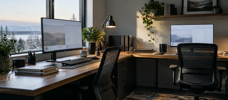 An empty office workspace with desks, screens and chairs beside a window.
